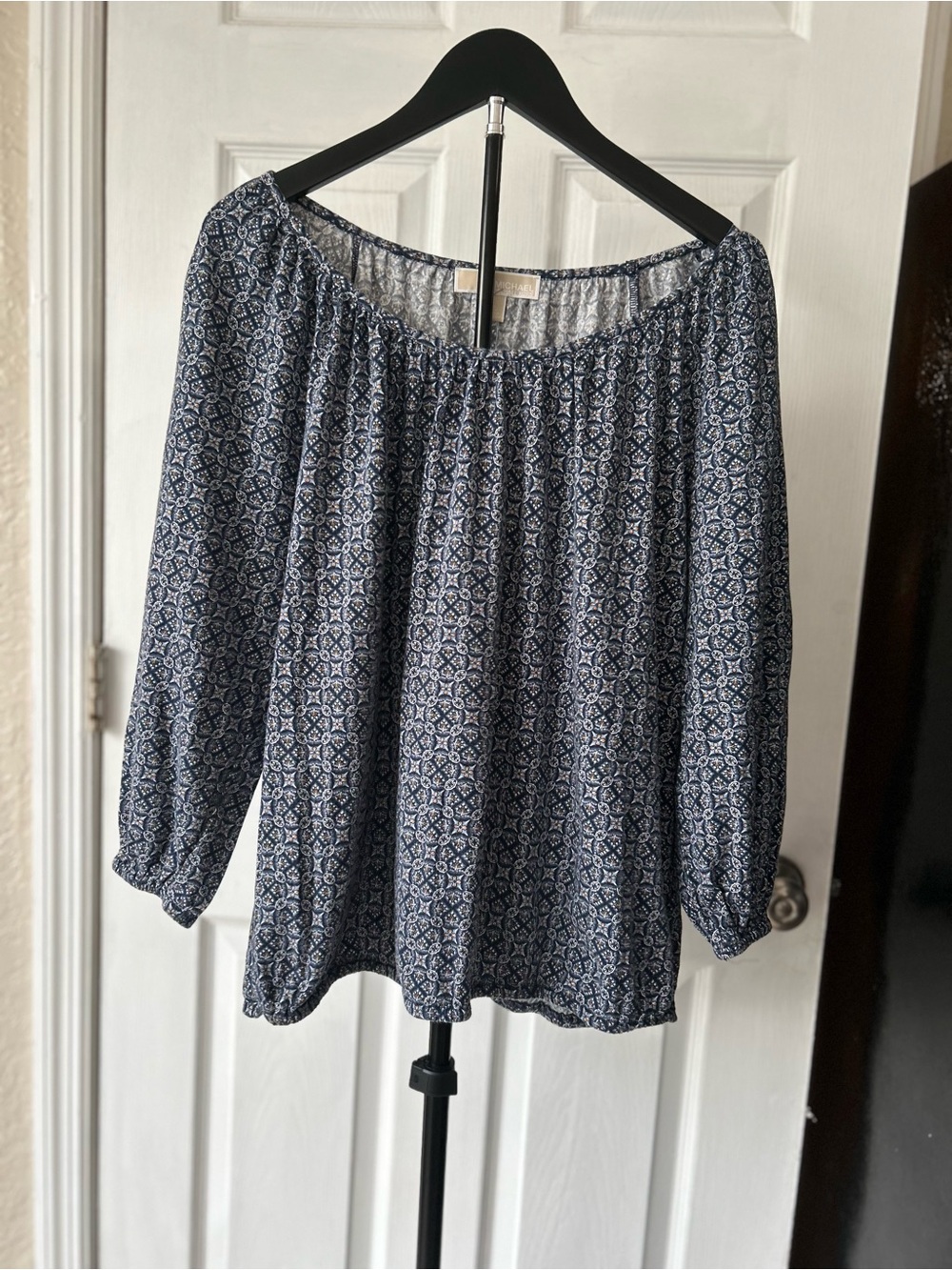 Michael Kors Blue & White Geometric Medallion Peasant Blouse - Long Sleeve